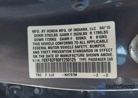 2015 Honda Civic Ex from USA, damaged, VIN 19XFB2F80FE250125